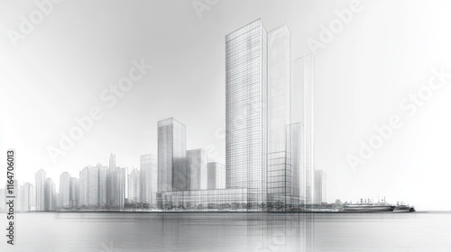 Wireframe cityscape architectural rendering, modern buildings reflected in water.