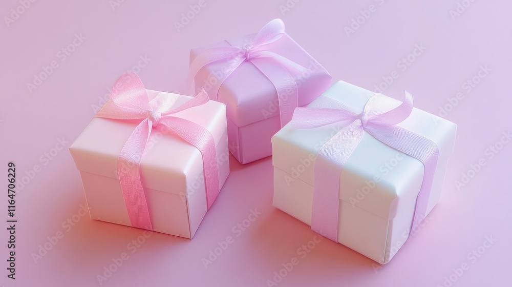 Obraz premium Three pastel-colored gift boxes with pink ribbons on a pink background.