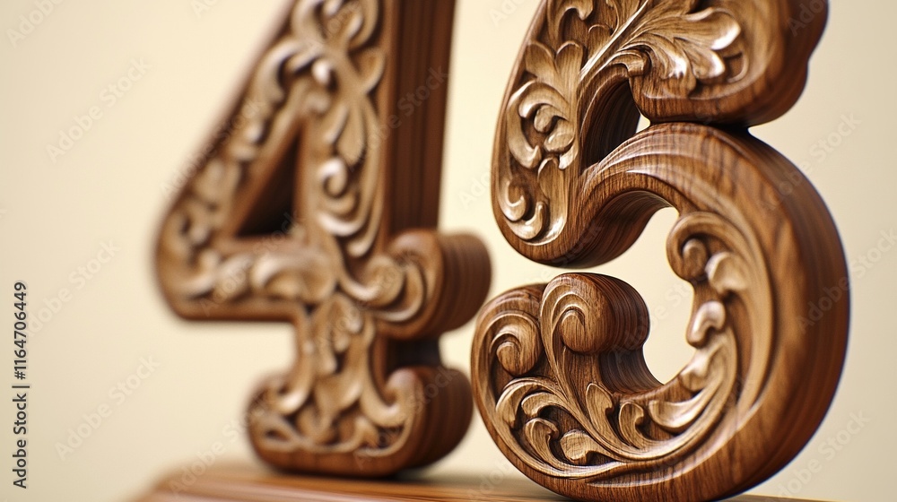 Ornate carved wooden number 45. Ornate carved wooden number 45.