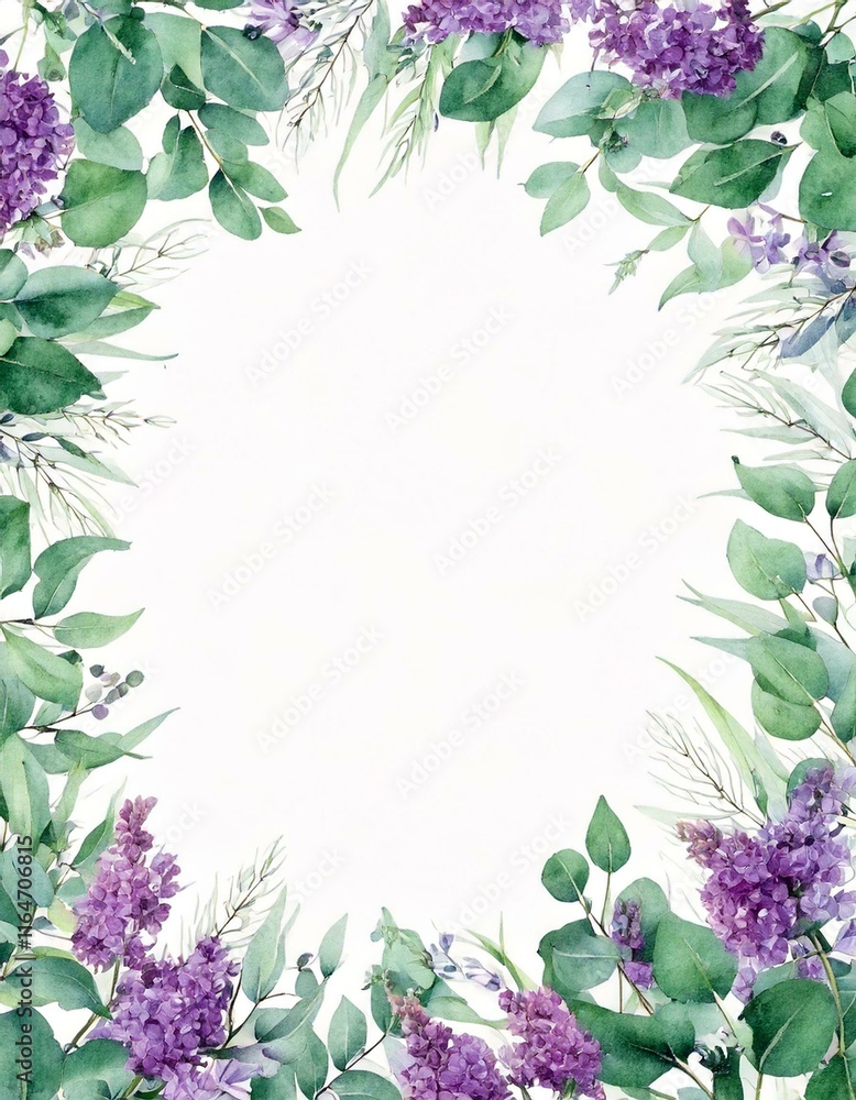 Fototapeta premium Watercolor hand painted banner with green eucalyptus leaves, purple flowers and branches. Spring or summer flowers for invitation, wedding or greeting cards.