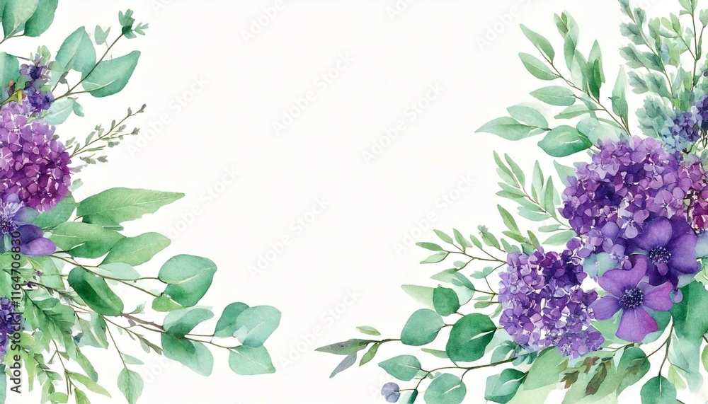 custom made wallpaper toronto digitalWatercolor hand painted banner with green eucalyptus leaves, purple flowers and branches. Spring or summer flowers for invitation, wedding or greeting cards.