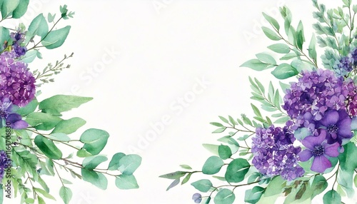 Wallpaper Mural Watercolor hand painted banner with green eucalyptus leaves, purple flowers and branches. Spring or summer flowers for invitation, wedding or greeting cards. Torontodigital.ca