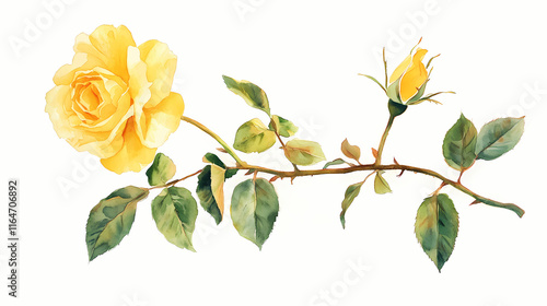 Fototapeta Naklejka Na Ścianę i Meble -  Watercolor painting of a yellow rose hand painted botanical illustration of a rose branch. Sunrise. Illustration