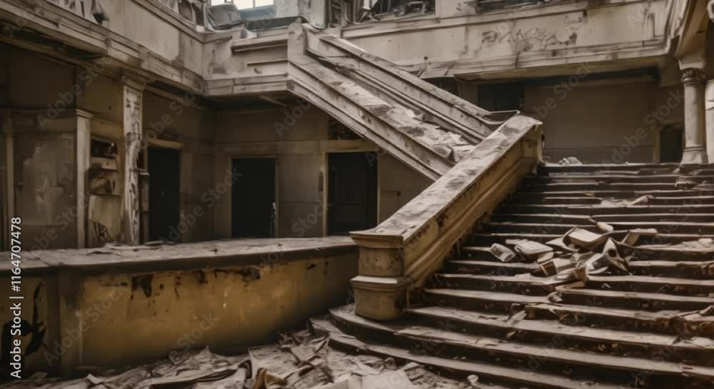Crumbling Lobby with Graffiti and Debris