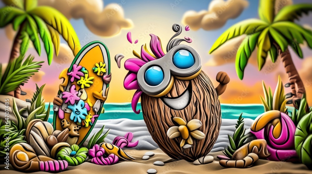 Obraz premium Happy coconut character surfing on beach at sunset.