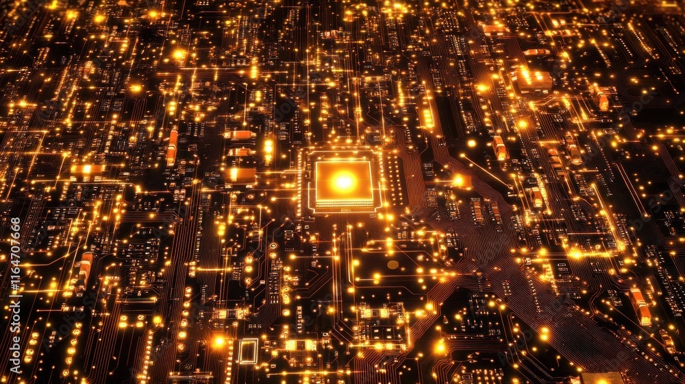 Obraz premium Glowing circuitry board with central processor.