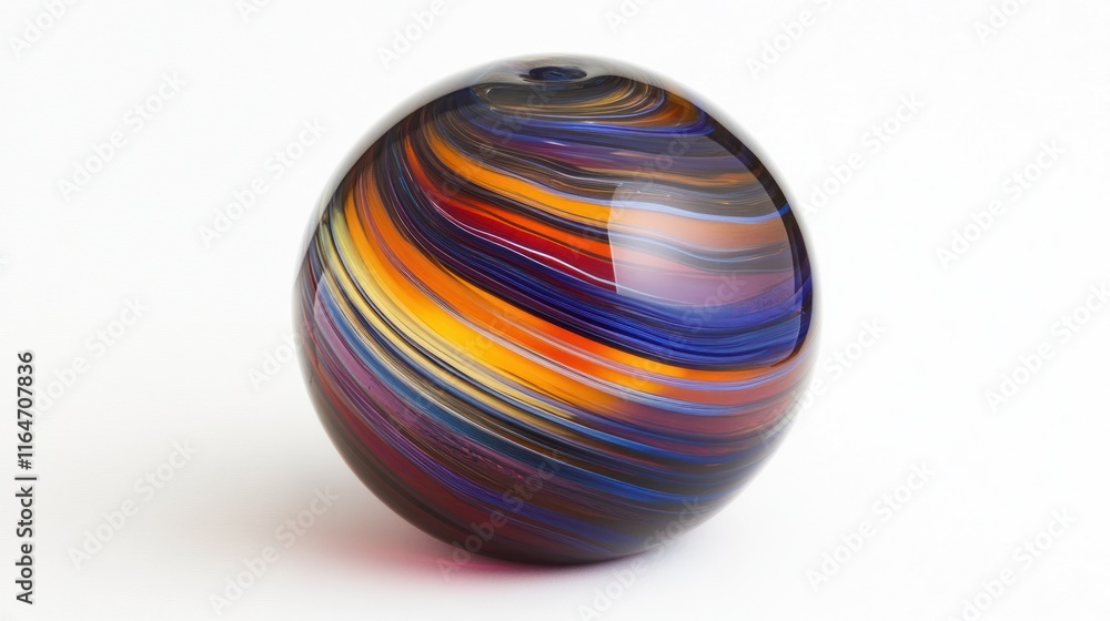 Fototapeta premium Colorful glass sphere with swirling patterns on white background.