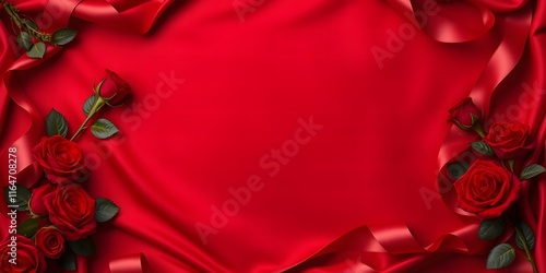 Luxurious Burgundy Satin Background with Realistic Red Roses and Satin Ribbon Framing