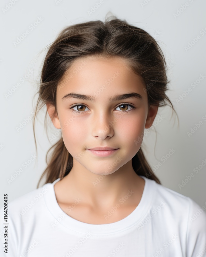 Smiling girl posing in a white studio background ideal for creative projects and versatile use Smiling girl posing in a white studio background ideal for creative projects and versatile use