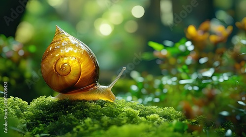 Amber Snail Crawls on Lush Green Moss photo