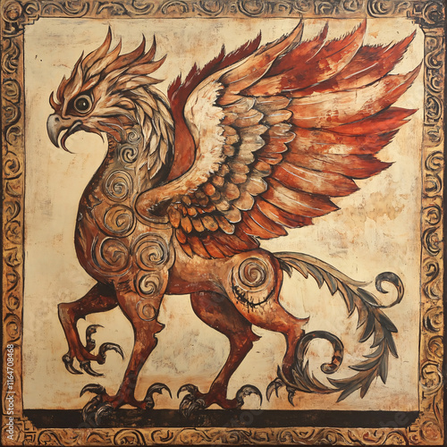 Mythical Phoenix Bird Illustrations with Vibrant Feathers, Fiery Tones, and Intricate Fantasy Art Designs photo