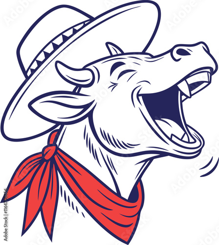 A humorous and lively illustration of a cow laughing heartily, wearing a classic cowboy hat and a red bandana around its neck.  