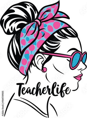 A stylish and modern illustration of a teacher with a high bun hairstyle, adorned with a vibrant pink and blue leopard-print headband tied into a bow 