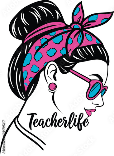 A stylish and modern illustration of a teacher with a high bun hairstyle, adorned with a vibrant pink and blue leopard-print headband tied into a bow 