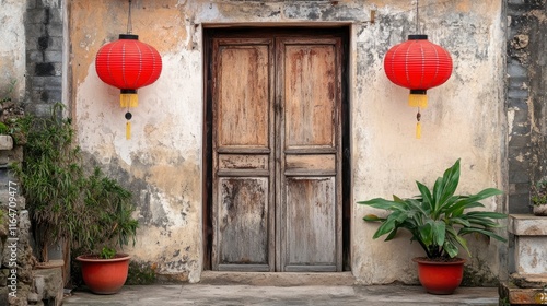 A simple, rustic Chinese wooden door with two red Chinese lanterns hanging on either side, with faded stone walls and potted plants, 