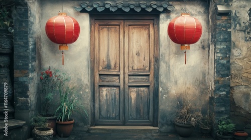 A simple, rustic Chinese wooden door with two red Chinese lanterns hanging on either side, with faded stone walls and potted plants, 