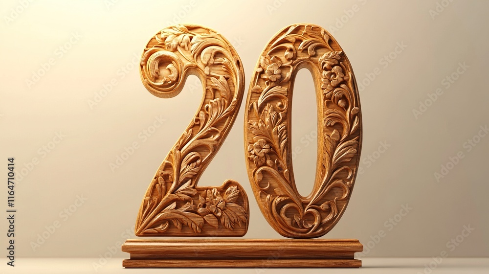 Ornate wooden number 20 on a stand. Ornate wooden number 20 on a stand.