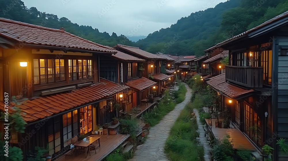 Illuminated Japanese Village Houses Line A Stone Path Illuminated Japanese Village Houses Line A Stone Path