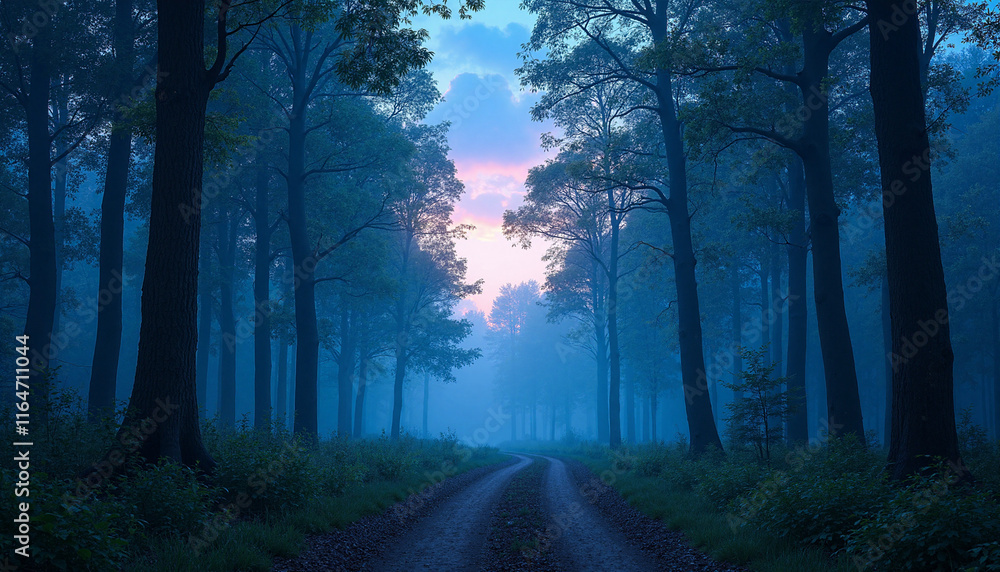 Fototapeta premium Lush forest path under twilight sky revealing blue hour magic with soft diffused light creating a mystical atmosphere among tall trees and gentle curves of the road