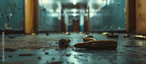 bullets on the floor of a deserted school corridor, active shooter, school shooting concept