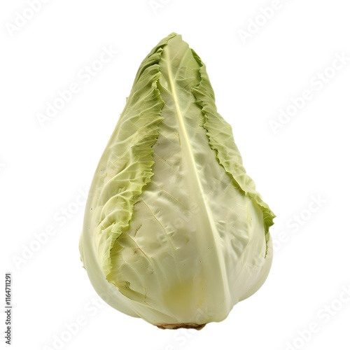 One whole pointed cabbage close up green fresh vegetable. Hispi cabbage single food. Vegetable for diet and healthy eating. Pointed cabbage isolated on white background photo