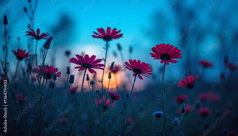 Vibrant wildflowers in silhouette against a deep blue twilight sky creating a dreamy atmosphere at dusk, showcasing red petals and soft ambient light, evoking Blue Hour Magic Vibrant wildflowers in silhouette against a deep blue twilight sky creating a dreamy atmosphere at dusk, showcasing red petals and soft ambient light, evoking Blue Hour Magic