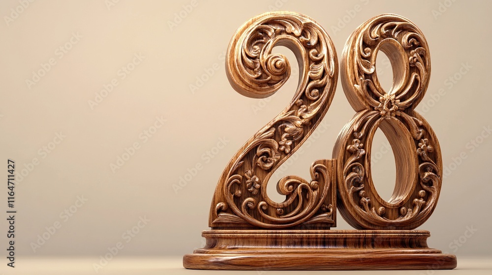Ornate wooden number 28 sculpture. Ornate wooden number 28 sculpture.