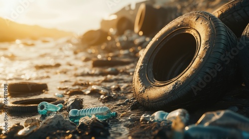 Pollution on Riverbanks with Old Tires and Plastic Waste