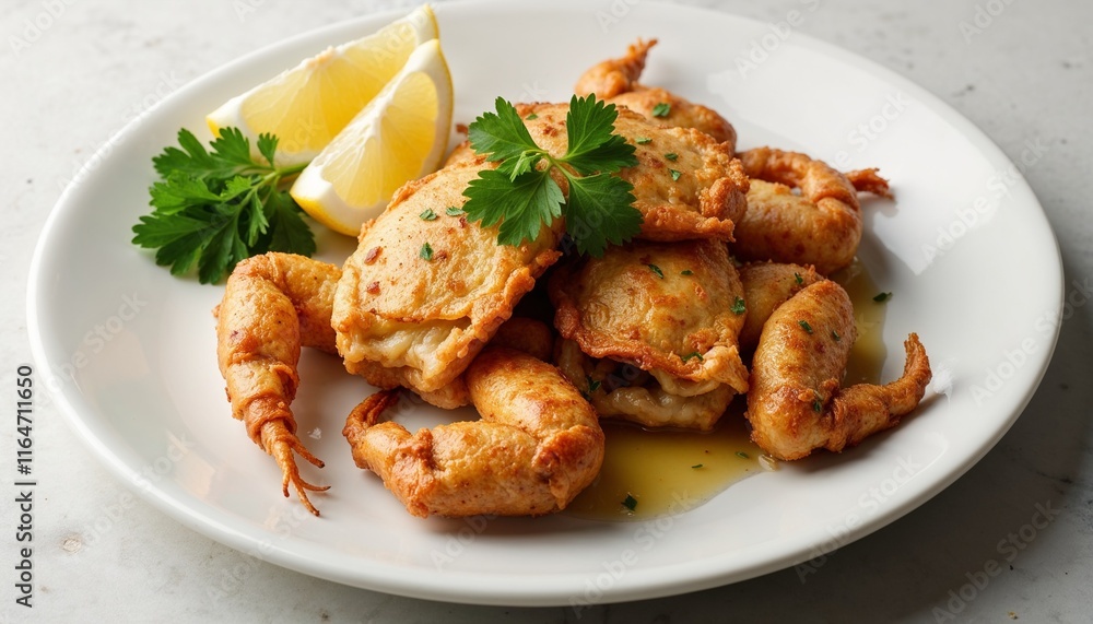 Traditional French Frog Legs Garnished with Fresh Parsley and Lemon Wedges on a White Ceramic Plate Traditional French Frog Legs Garnished with Fresh Parsley and Lemon Wedges on a White Ceramic Plate