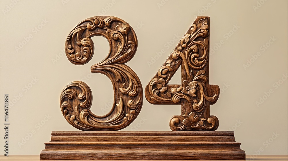 Ornate wooden number 34 on a pedestal. Ornate wooden number 34 on a pedestal.