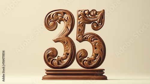 Ornate wooden number 35 on a pedestal. photo