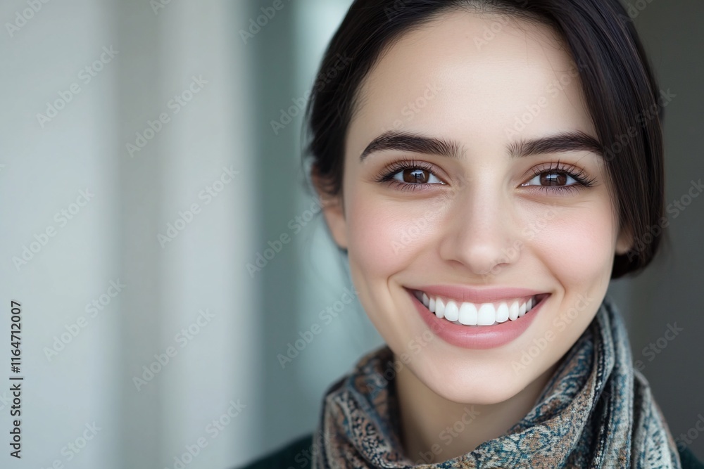 A smiling woman with a scarf, exuding warmth and positivity. A smiling woman with a scarf, exuding warmth and positivity.