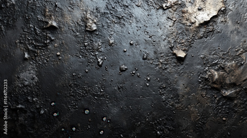 Dark charcoal textured surface with rough patches and scattered stones Dark charcoal textured surface with rough patches and scattered stones