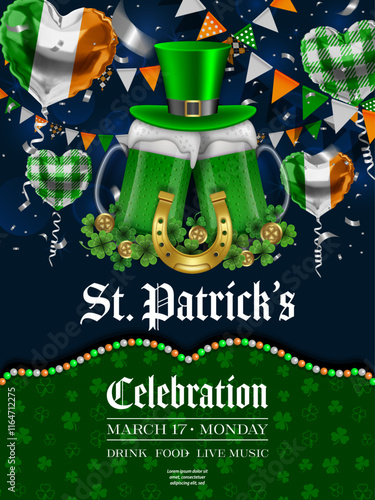 saint patrick's day poster with green beer mugs.. st. patrick's day party background with party balloons and pennants