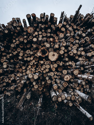 woodpile of round birch logs in countryside, wooden logs stacked in pile, deforestation concept, forest cutting for lumbers, wood harvesting, nature backgroung, wide angle, pattern, texture photo