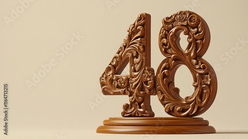 Ornate wooden number 48 on a stand. photo