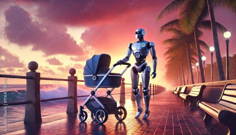 Obraz premium Futuristic Robot Nanny Strolling with a Baby Stroller Along a Scenic Ocean Promenade at Sunset