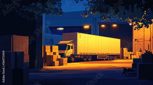 Nighttime warehouse loading scene with semi-truck and cargo. photo