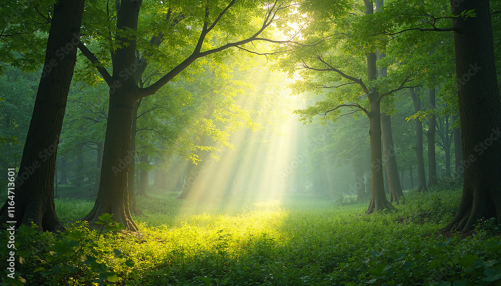 Fototapeta premium Sunlit Glade Illuminated by Dappled Light Through Lush Green Leaves, Evoking a Tranquil Atmosphere in a Serene Woodland Setting