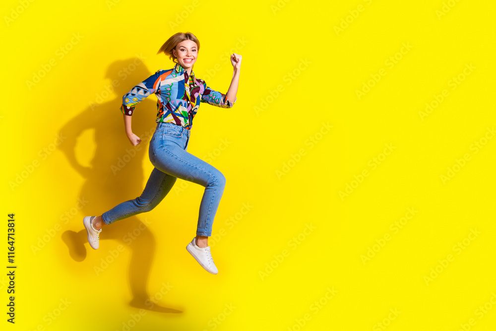 Full body photo of attractive young woman running hurry black friday dressed stylish colorful clothes isolated on yellow color background Full body photo of attractive young woman running hurry black friday dressed stylish colorful clothes isolated on yellow color background