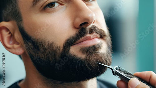 close-up of a man's beard, a barber trimer makes a correction photo