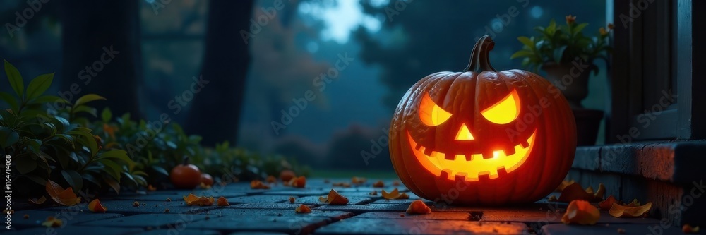 Fototapeta premium Carved pumpkin with glowing face on dark porch against a spooky backdrop of trees, spooky atmosphere, glowing pumpkins, dark porch