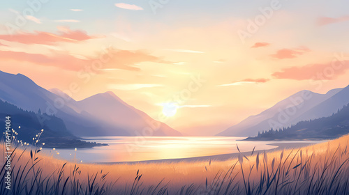 Wallpaper Mural A beautiful sunrise over a serene landscape, symbolizing a fresh start. the image could feature soft, warm colors with light breaking over mountains or a peaceful beach. Sunrise. Illustration Torontodigital.ca