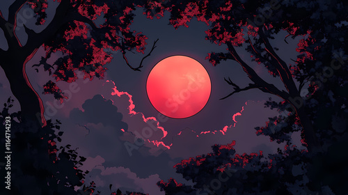 A full moon glows rededly between tree branches against a dark, cloud-filled sky with a crimson tint. Sunrise. Illustration photo