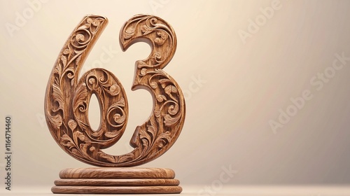 Ornate wooden number 63 on a stand. photo