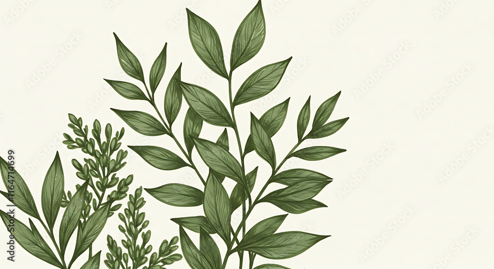 Fototapeta premium Green plant and leafs pattern. Pencil, hand drawn natural illustration. Simple organic plants design. Botany vintage graphic art. 4k wallpaper, background. Simple, minimal, clean design