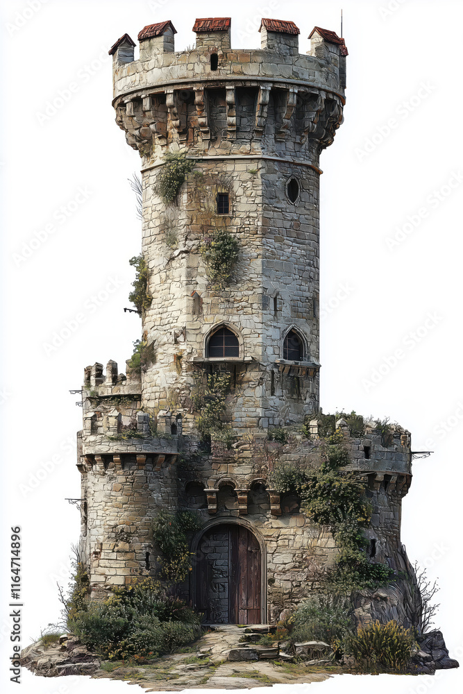 Old tower castle, isolated on a white background Old tower castle, isolated on a white background