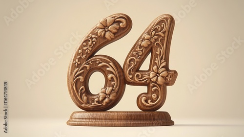 Ornate wooden number 64 on a stand. photo