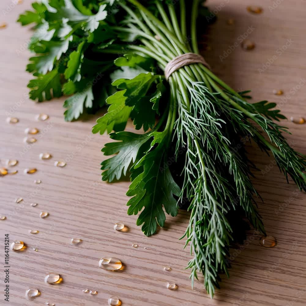 Fresh parsley and dill bunch with water droplets on a wooden table, vibrant and natural Fresh parsley and dill bunch with water droplets on a wooden table, vibrant and natural