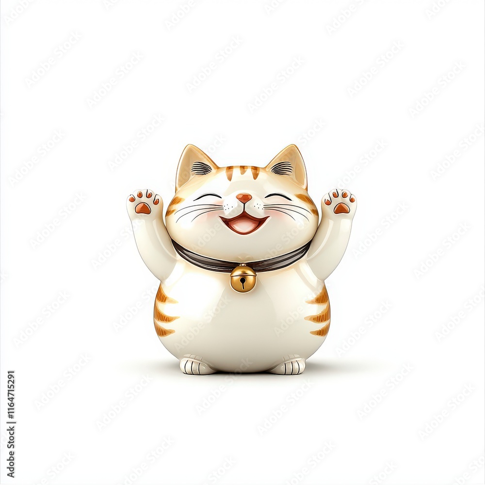 A cheerful, cartoon-style cat figure with raised paws, symbolizing joy and good fortune. A cheerful, cartoon-style cat figure with raised paws, symbolizing joy and good fortune.